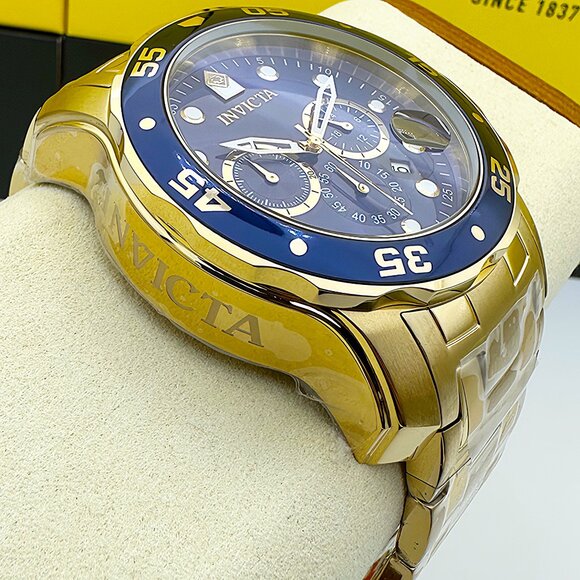 NEW Invicta Mens PRO DIVER SCUBA Chronograph Blue Dial 18Kt Gold Plated Watch - Picture 2 of 10